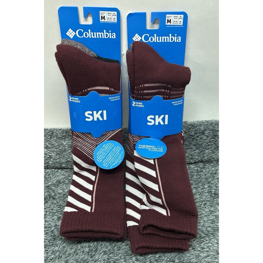 Lot 2 Columbia Men's 6-9 Women's 8-11.5 Ski Rich Wine/Black Socks(C2)